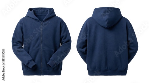 Navy blue cotton hooded sweatshirt with front zipper and kangaroo pocket for casual wear