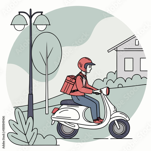 Delivery rider on scooter with red helmet and backpack