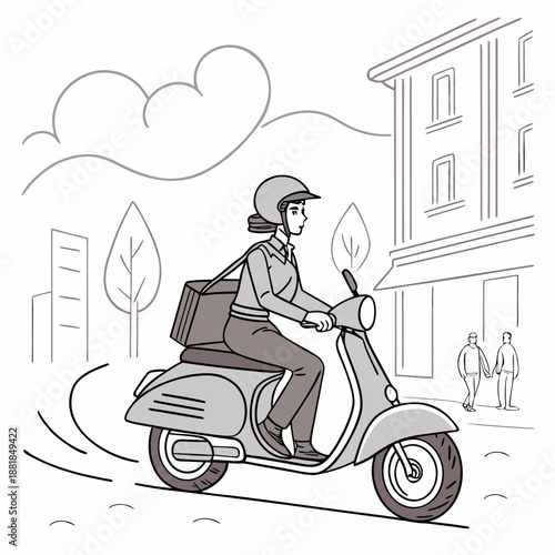 Scene portraying smooth scooter delivery rider in city