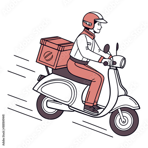 Courier riding scooter with delivery box rider helmet