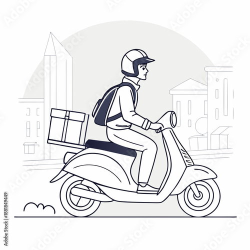 Courier riding scooter with package through city delivery