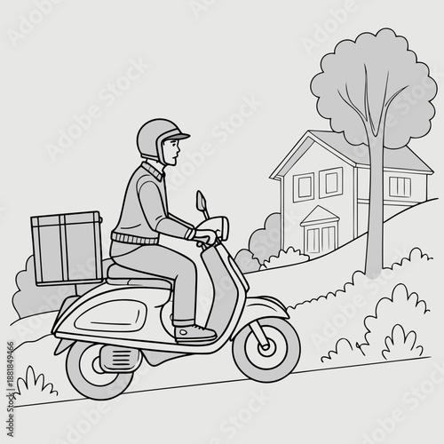 Grayscale of delivery person on scooter motor scooter