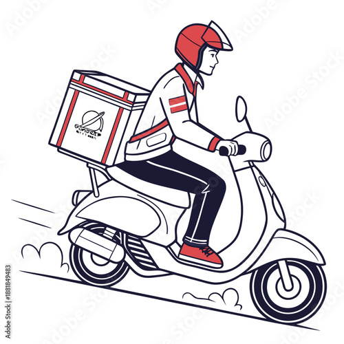 Red helmet courier riding scooter with delivery box