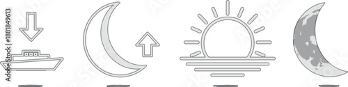 Outline weather icon set with ship, moon phases and sunrise symbols, minimal line art collection for forecast app and web design