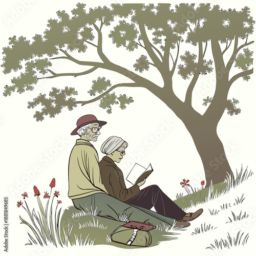 Elderly couple sitting under tree reading book outdoors