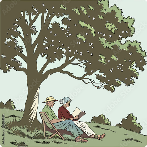 Elderly couple sitting under tree reading book old people
