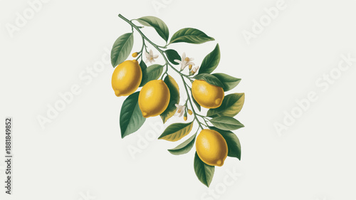 lemons hanging from a tree branch with green leaves and flowers