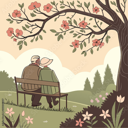 Elderly couple sitting on bench under flowering tree