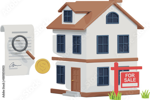 House for sale with contract document, magnifying glass and coin, real estate property inspection and buying concept flat vector illustration