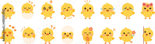Cute Easter chick emotions set in flat vector style Adorable baby chick characters with emotions vector illustration Cute yellow chick emotions collection in flat vector style