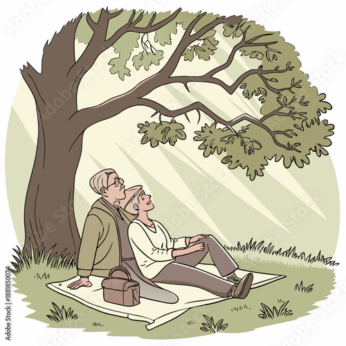 Senior couple relaxing under tree on blanket picnic