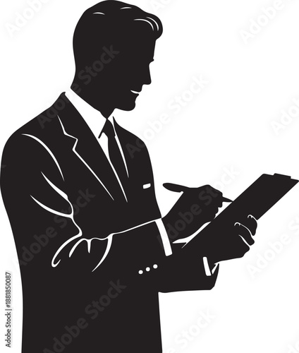 Confident businessman in a suit with a tie diligently writing on a clipboard using a pen