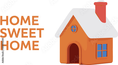 Home sweet home quote with cute orange house, cozy living concept typography design, flat vector illustration isolated on white background