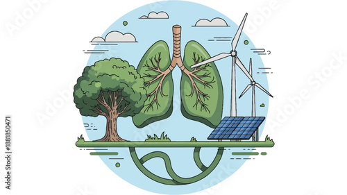 lungs with tree and wind turbines and solar panel on green earth