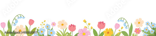 Horizontal spring floral banner with blooming meadow flowers and green leaves. Decorative botanical border with wildflowers on white background.