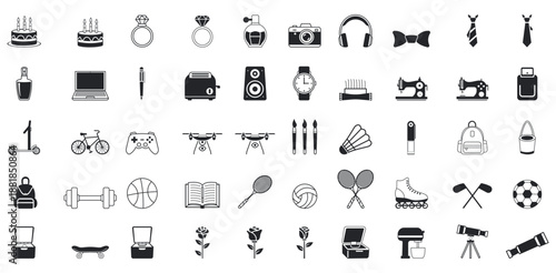 Black and White Icon Collection Gifts Tech Gadgets Hobbies Fashion Home Essentials Everyday Objects A Modern Graphic Set