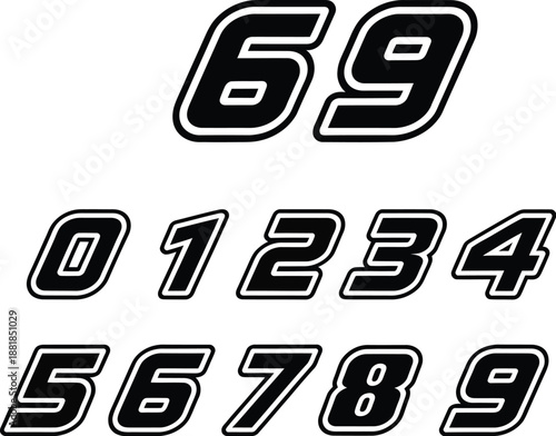 Performance racing digits collection with speed style bold numbers zero through nine for automotive branding jersey graphics and vinyl decal designs