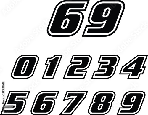Performance racing digits collection with speed style bold numbers zero through nine for automotive branding jersey graphics and vinyl decal designs
