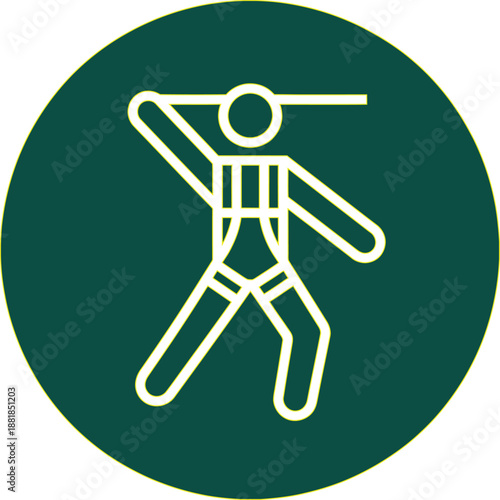Happy person in safety harness jumping with arms outstretched inside green circle, extreme sport, bungee jumping symbol