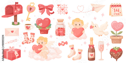 A cute cartoon vector image set in honor of Valentine's Day, February 14th. Concept of love, romance, and dating. Element for your design. Cupid, hearts, champagne, etc.