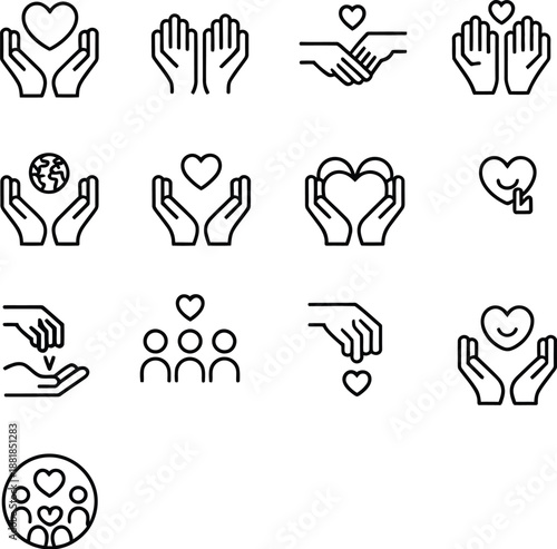 Set of charity and support hands line icons representing giving love care donation volunteerism community kindness sharing concepts