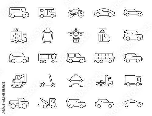 This linear set includes 50 icon illustrations of different types of vehicles. Encompasses land, air, and water transportation.