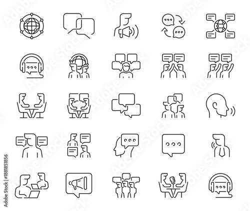 A versatile 50-icon linear set about verbal, written, and digital communication. Features tools, symbols, and devices for human interaction.