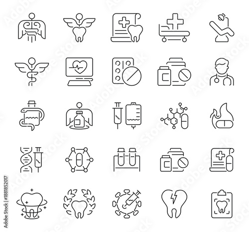 A comprehensive linear set of 50 medical icons. Covers healthcare, treatment, diseases, and medical equipment.