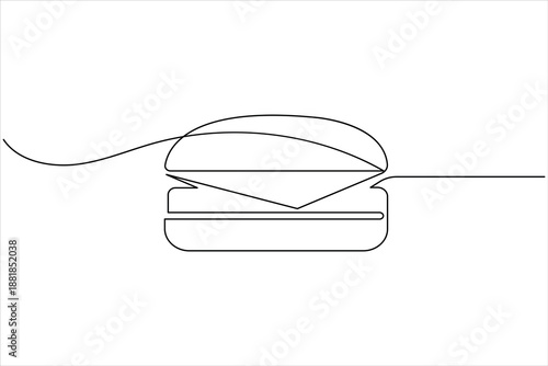 Minimalist continuous line drawing of a hamburger on a white background