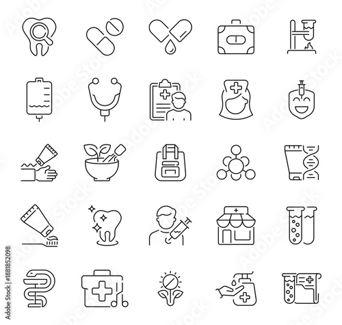 A comprehensive linear set of 50 medical icons. Covers healthcare, treatment, diseases, and medical equipment.