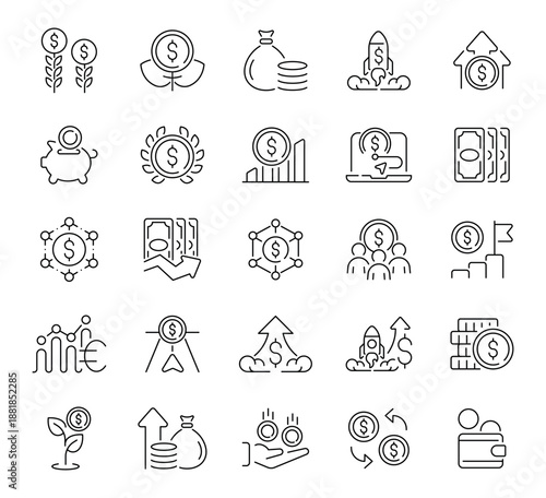 A linear icon set of 50 elements dedicated to financial topics. Includes symbols for banking, savings, investments, money transfer, and financial analytics.