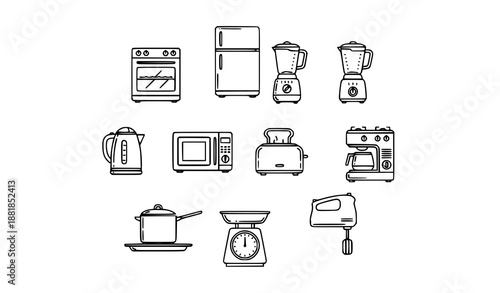 Outline cooking and kitchen appliance icons vector set with clean monoline design