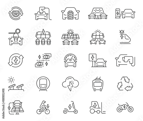 A linear icon set of 50 illustrations focused on electricity. Features symbols for devices, power generation, and safety.