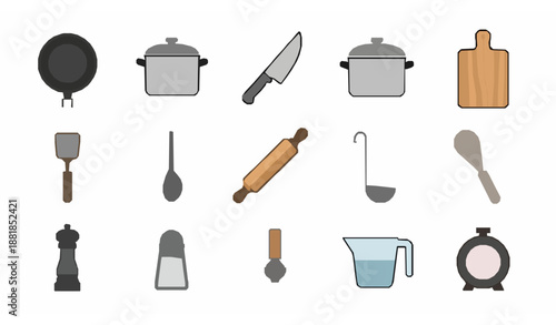 Flat cooking and kitchen tools icon set in modern minimalist vector style isolated on white