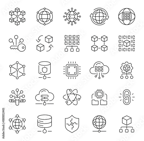 Large set of 50 linear icons focusing on data storage, cloud services, and digital processing. Perfect for illustrating information systems, servers, and file synchronization.