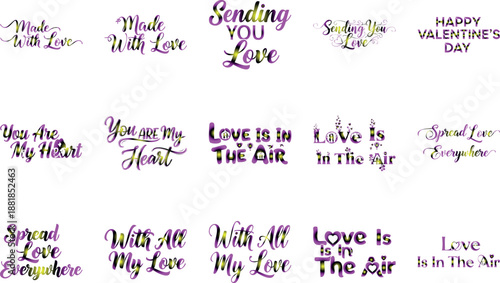 Spread Love Everywhere Handwritten Quote Vector Illustration, Purple Green Gradient Typography Art