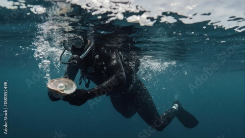 Scuba diver explores ocean depths holding a large oyster shell with a pearl inside.