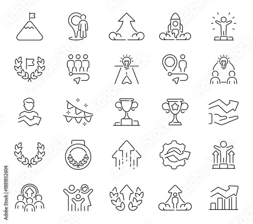 Goal outline icons set of 50  focused on achievements, goals, growth and personal development. Great for coaching, life planning, and progress tracking.