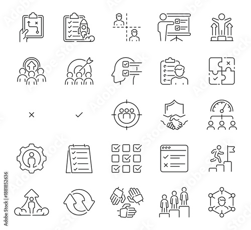 Business strategy outline 50 icon set depicting workflow, planning, goals, and business direction. Ideal for project management, organization charts, and efficiency models.