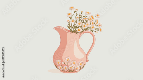 Pink ceramic jug with white daisies on gray background