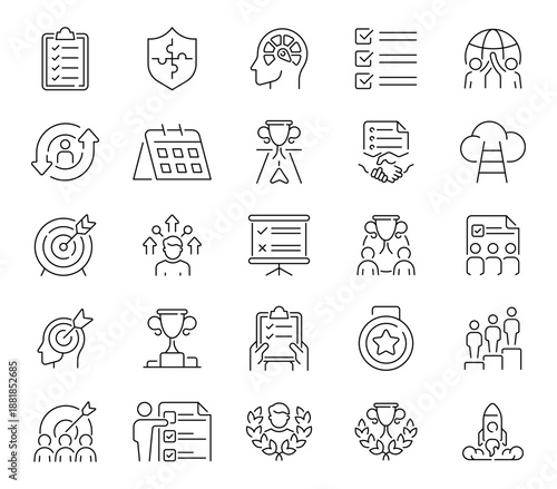Business strategy outline 50 icon set depicting workflow, planning, goals, and business direction. Ideal for project management, organization charts, and efficiency models.