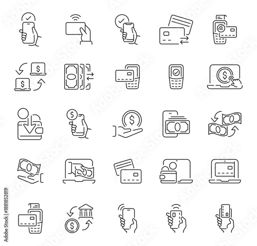 Linear icon set of 50 elements covering online and offline payments. From cash and cards to e-wallets and contactless systems.