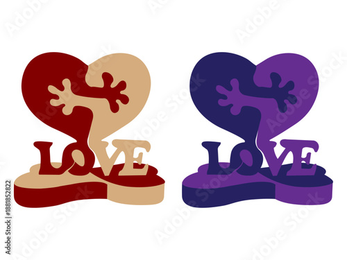 A vector illustration  two interlocking heartshaped designs each with the word "LOVE" integrated into the base. 