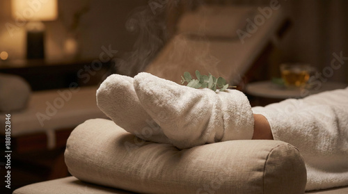 Relaxing Spa Scene with Steam-Rising Towel-Wrapped Feet, Eucalyptus Sprig, and Cozy Background Ambiance