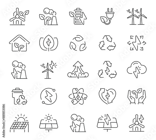 50 clean linear icons focused on eco-friendly and renewable energy sources. Includes solar, wind, hydro, and sustainable solutions.