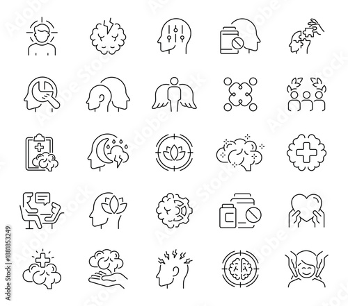 Set of 50 clean linear icons about emotional wellbeing, therapy, stress management, and mindfulness.
