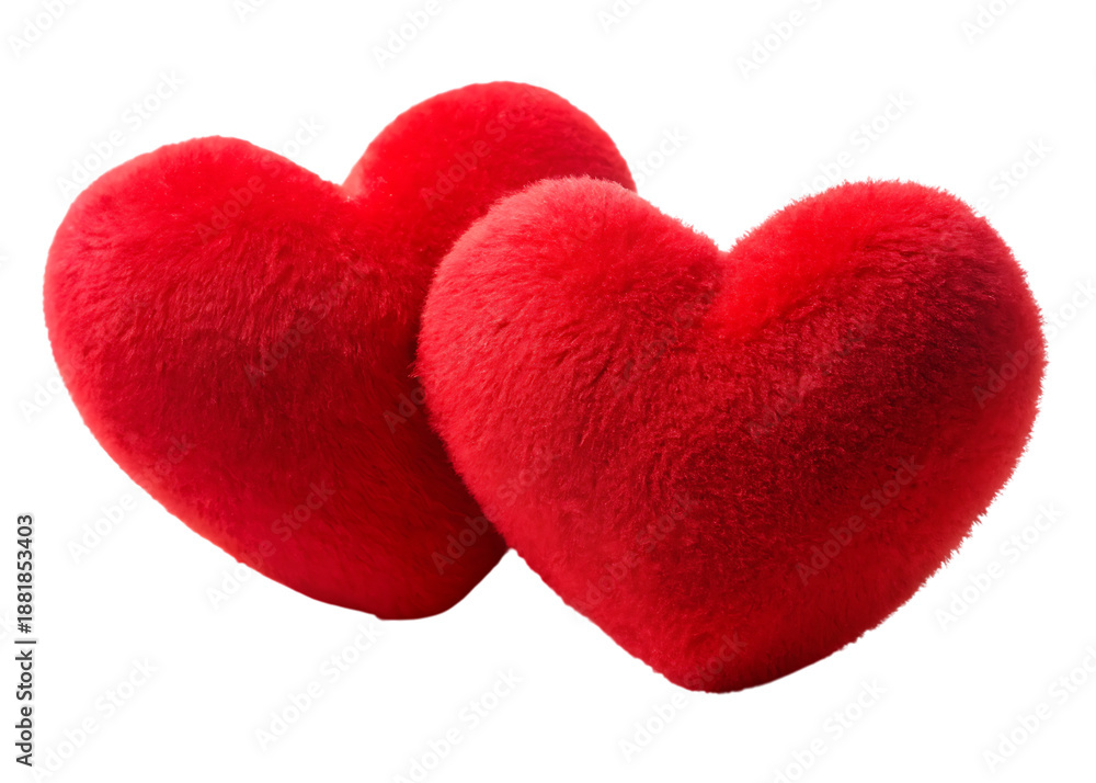 Fototapeta premium Two red heart shaped pillows plush soft