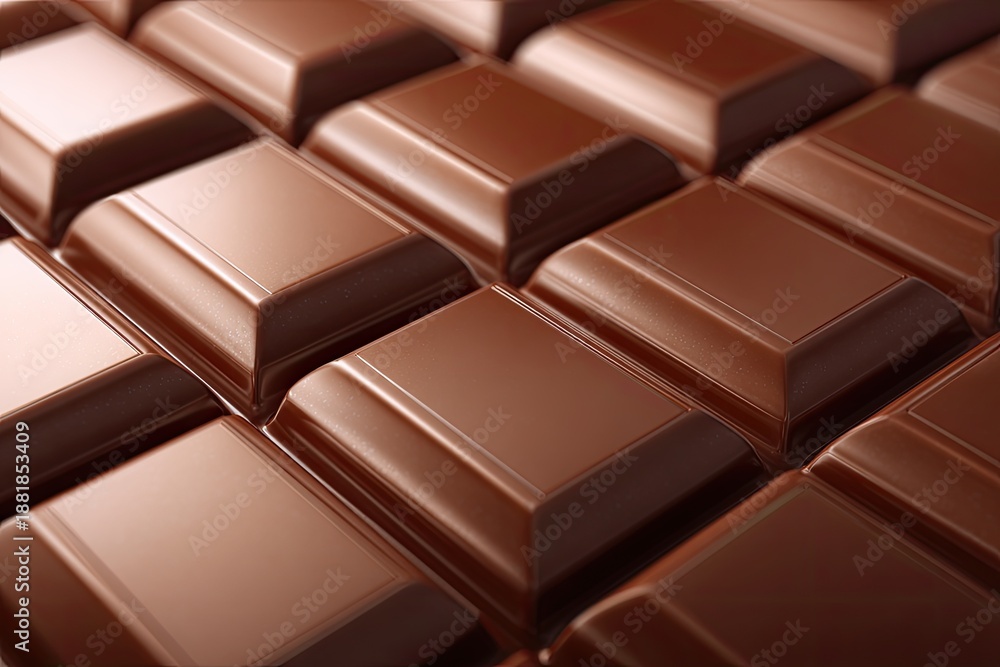 Fototapeta premium Close-up view of neatly arranged chocolate squares, showcasing the glossy surface and rich brown hues