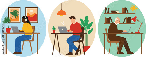 People Working from Home Illustration Set with Remote Office Scenes, Freelancers, Laptops, and Cozy Workspace Concepts for Productivity and Modern Lifestyle Design