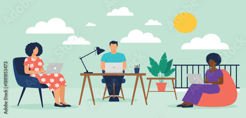 People Working Remotely Together Illustration with Laptops in Modern Home Office and Outdoor Workspace for Teamwork, Productivity, Freelance, and Lifestyle Design